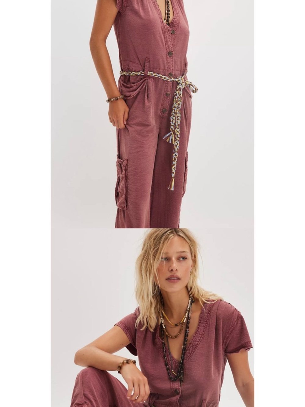Free People Washed Mauve Short-Sleeve Utility Jumpsuit with Braided Tie
